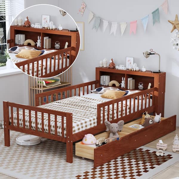Walnut Twin Size Kids Platform Bed with Storage Headboard Rack, Safety Guardrails and 2-Drawers