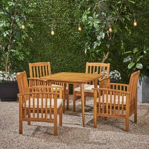 Casa Acacia Teak Brown 5-Piece Acacia Wood Square Table with Straight Legs Outdoor Dining Set with Cream Cushions
