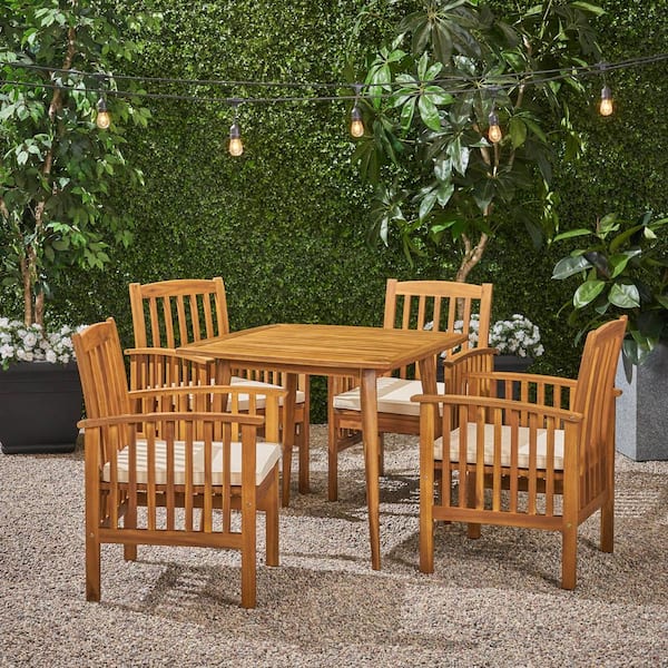 Noble House Casa Acacia Teak Brown 5-Piece Acacia Wood Square Table with Straight Legs Patio Outdoor Dining Set with Cream Cushions