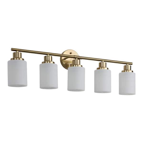 31 in. 5-Light Modern Wall Bathroom Mirror Golden Vanity Light with Frosted Glass Shade (Bulb Not Included)