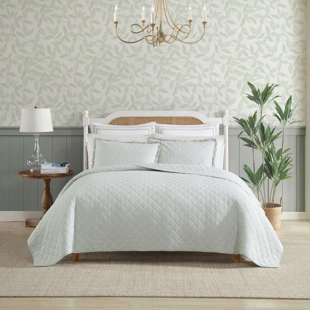 Laura Ashley Oxford Stripe 3-Piece Green 100% Cotton Reversible Full/Queen Quilt Set