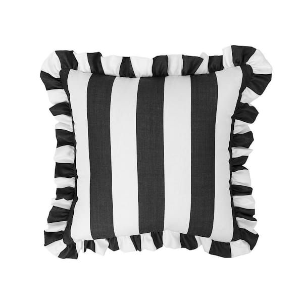 Cabana Stripe Black/White 18 in. Filled Square Ruffle Outdoor Throw Pillow