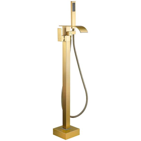 1-Handle Claw Foot Freestanding Floor Mount Roman Tub Faucet Bathtub Filler with Waterfall spout in Brushed Gold