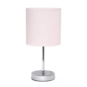 11.81 in. Blush Pink Traditional Petite Metal Stick Bedside Table Desk Lamp in Chrome with Fabric Drum Shade