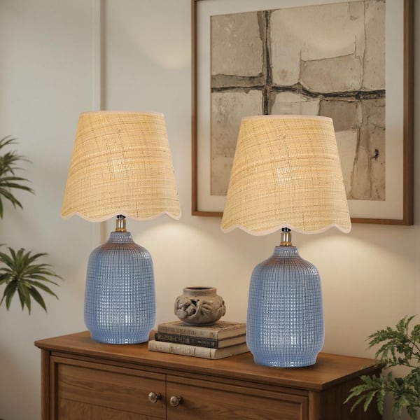 18.9 in. Blue Table Lamp Set with Ceramic base and Rattan Shade (Set of 2)
