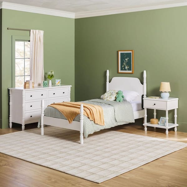 Modern Farmhouse Easy Assembly 3-Piece White Solid Wood 6-Drawer Dresser, 1-Drawer Nightstand and Twin Bed Bedroom Set