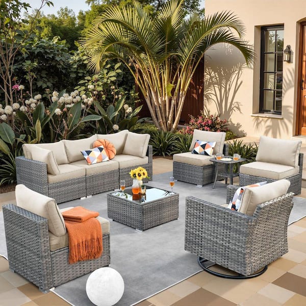 Sanibel Gray 9-Piece Wicker Outdoor Patio Conversation Sofa Set with a Swivel Rocking Chair and Beige Cushions