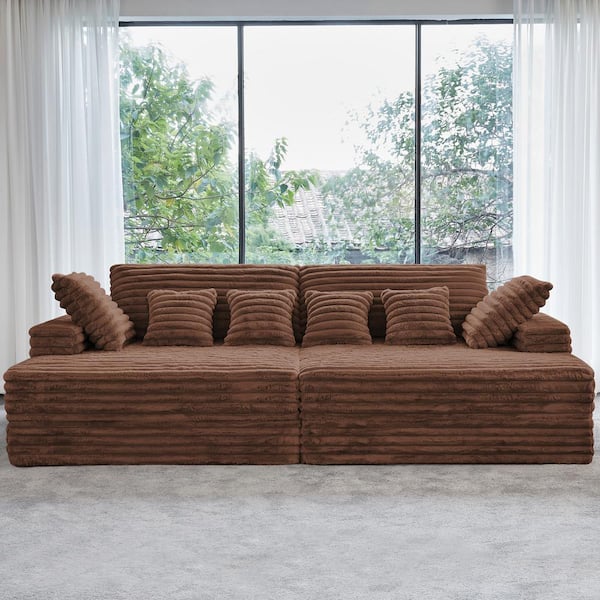 Lesly 120 in. Wide Square Arm Velvet Rectangle Sectional Sofa Couch Modern Double Seats Square in Brown