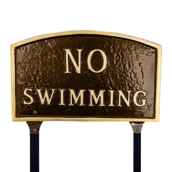 Montague Metal Products 13 in. x 21 in. Large Arch No Swimming Statement Plaque Sign with Lawn Stakes - Oil Rubbed/Gold