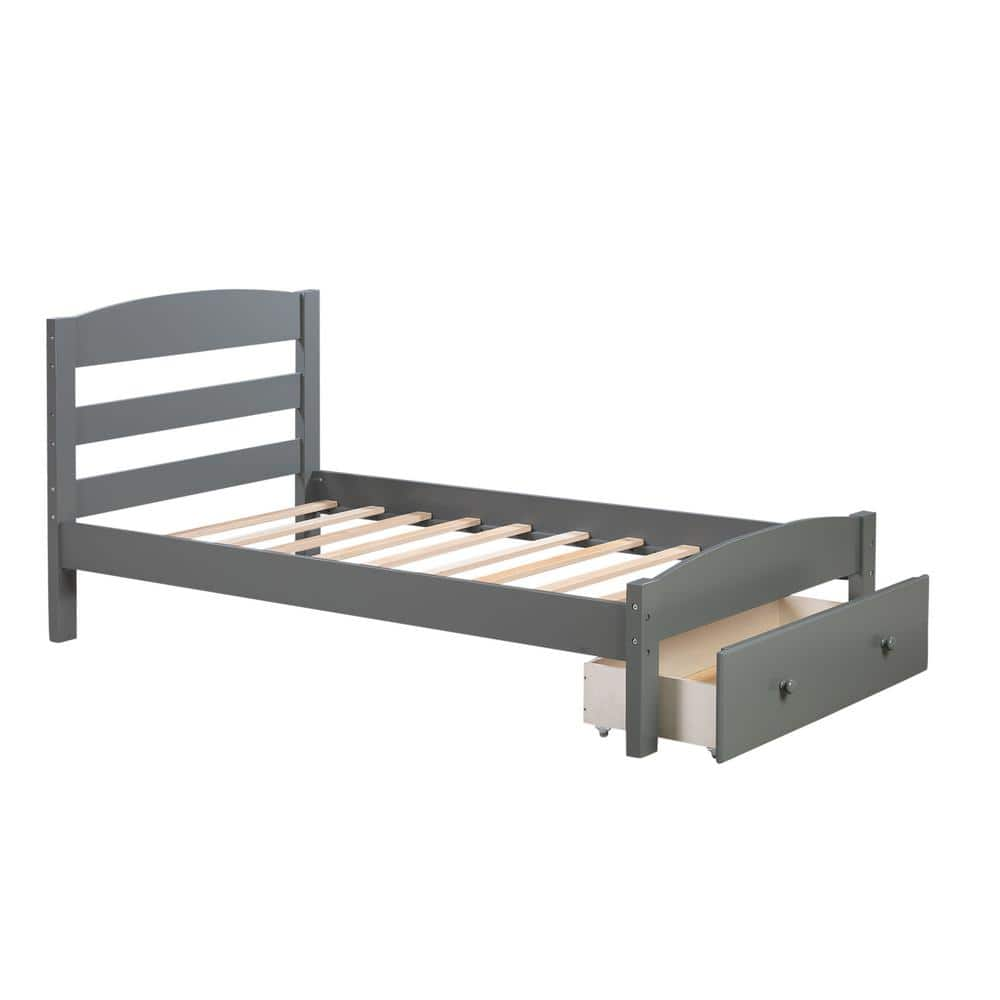 Gray Twin Xl Bed Frame with Storage Drawer and Wood Slat HD-WF191655AAE ...