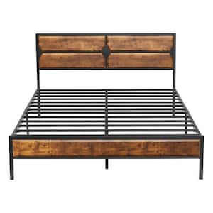 Full Size Bed Frame with Wooden Headboard, Heavy-Duty Platform Bed with Strong Metal Slat Support, 53.5 in. W, Brown