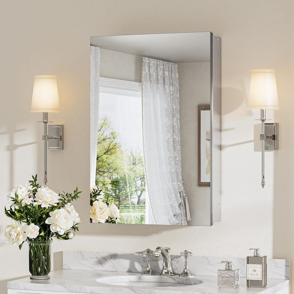 KeonJinn 16 in. W x 24 in. H Rectangular Frameless Aluminum Silver Recessed or Surface Mount Medicine Cabinet with Mirror