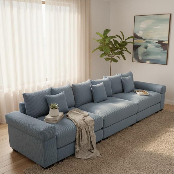 Homy Casa GLSMZT 129.9 in. Straight Arm 3-Piece Corduroy Modular Sectional Sofa and Ergonomic Design in Denim Blue