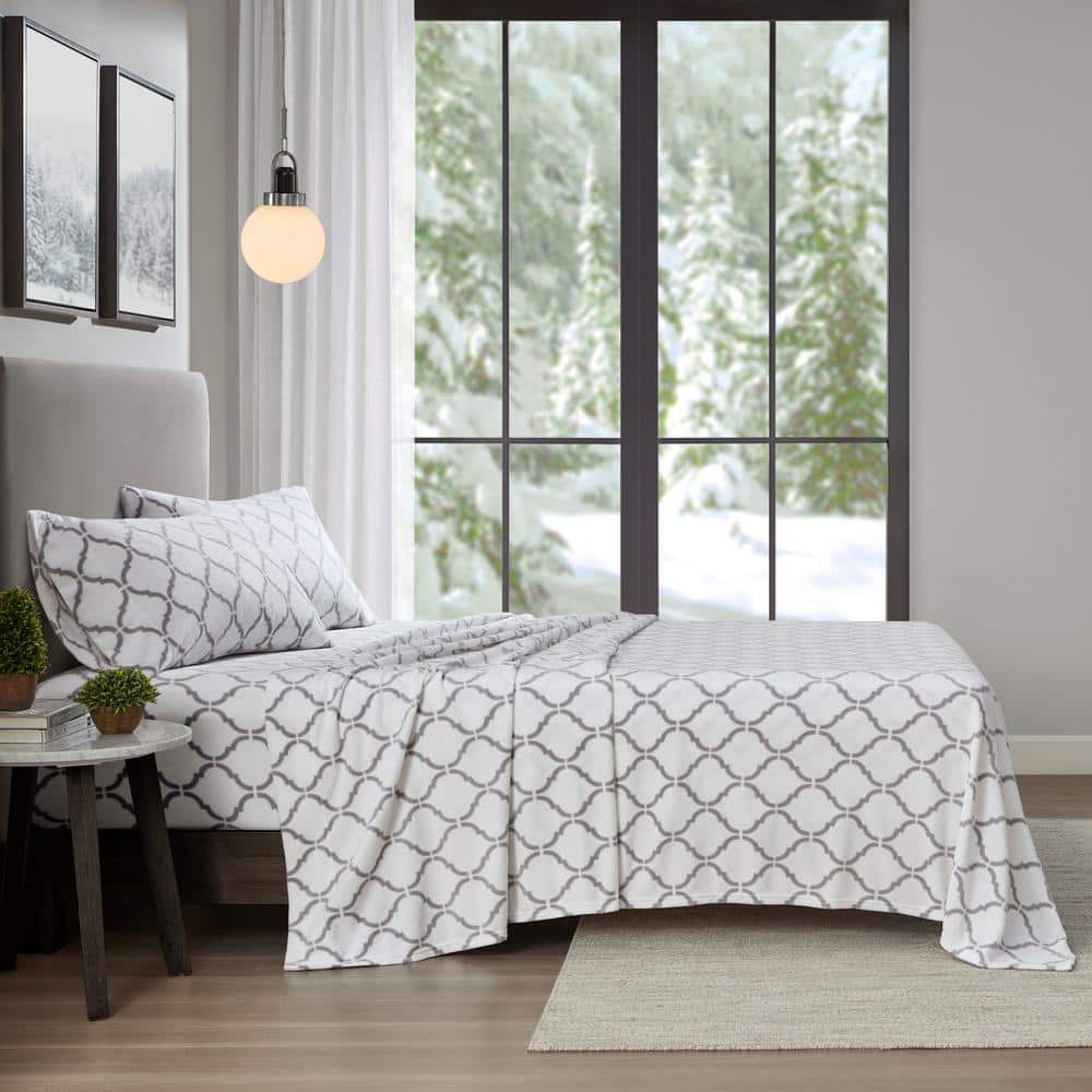 Twin Grey Geo Microfiber Flannel Sheet Set