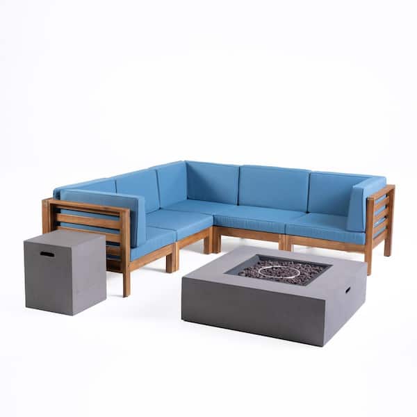 Noble House Oana Teak Brown 7-Piece Wood Outdoor Patio Fire Pit Sectional Seating Set with Blue Cushions