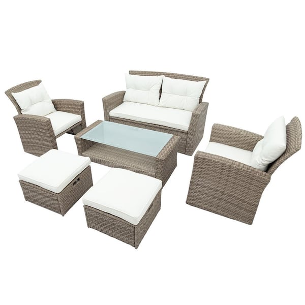 Unbranded 6-Piece Wicker Patio Conversation Set with White Cushions, Outdoor Dining Table and Chairs, Patio Conversation Set