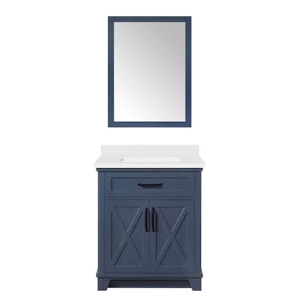 OVE Decors Ollie 30 in. W x 22 in. D x 35 in. H Bath Vanity in Midnight Blue with WHT Engineered Stone Top and Midnight Blue Mirror