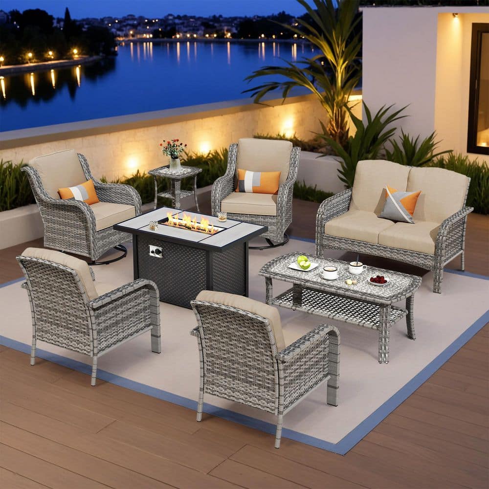 Mejy Gray 8-Piece Wicker Patio Rectangle Fire Pit Conversation Set with Beige Cushions and Swivel Chairs price history on PriceWatchPro