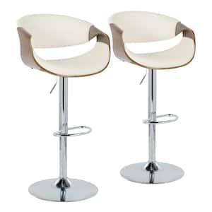 Symphony 42.5 in. White Faux Leather, Light Grey Wood & Chrome Metal Adjustable Bar Stool with Oval Footrest (Set of 2)