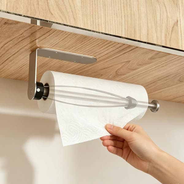 12 in. Wall Mount Stainless Steel Paper Towel Holder Under Cabinet with Ratchet Mechanism for Kitchen in Brushed Silver