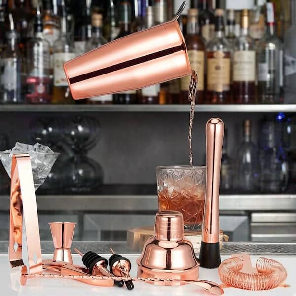 Wudkey 10-Piece Rose Gold Cocktail Shaker Set with Stylish Bamboo Stand, Stainless Steel Mixology Bartender Kit, Gift for Men KV2A46_0