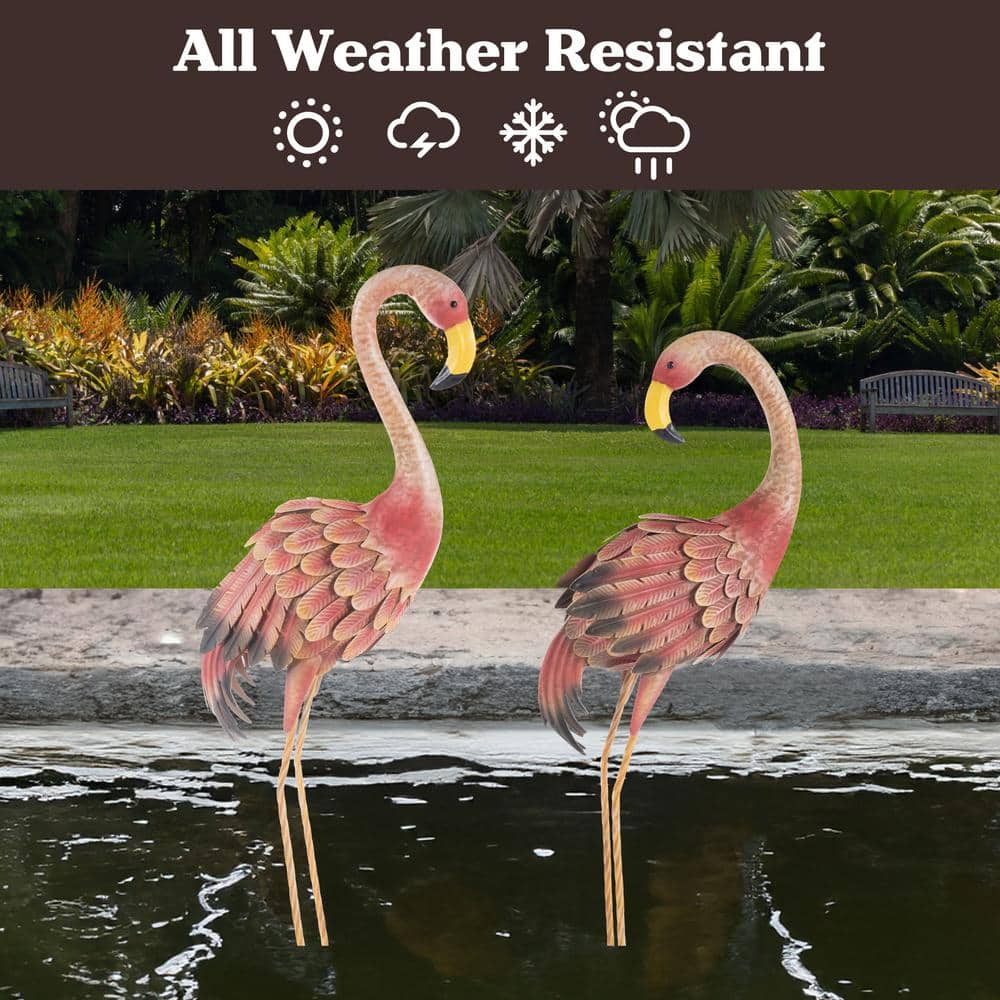 31 in. Hand-Painted Pink Metal Flamingo Garden Statues