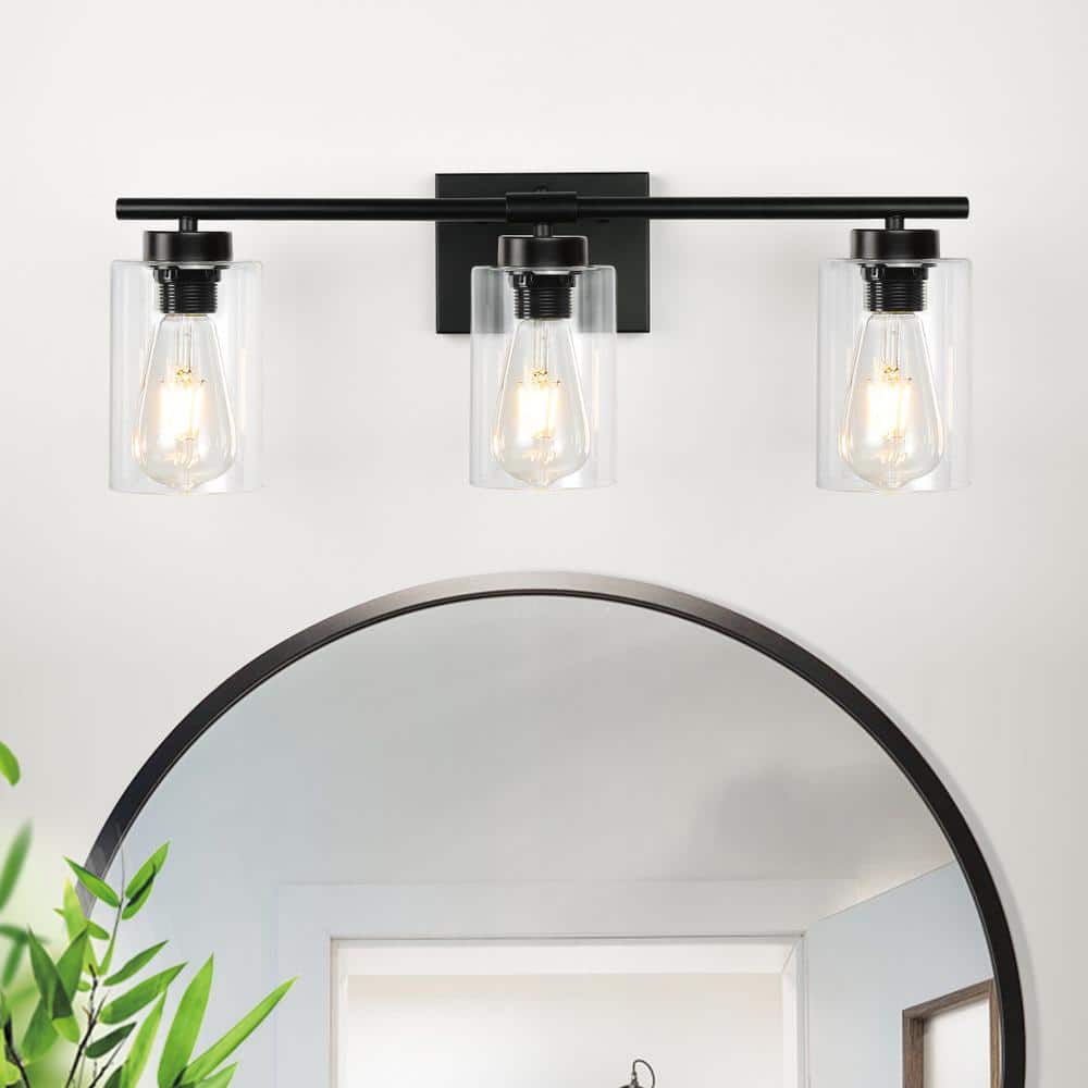 Black Metal 3-Light Vanity with Clear Glass Shades