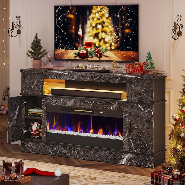 63 in. Black Marble TV Stand with Electric Fireplace Fits TV Up to 70 in. Entertainment Center with Cabinet