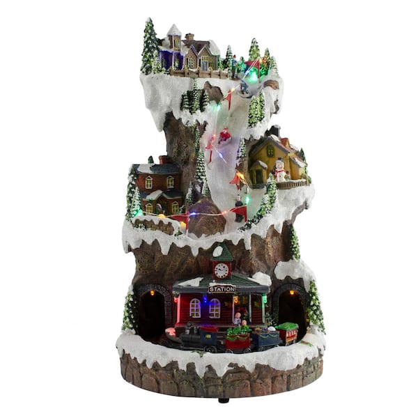 15 in. Musical LED Lighted Christmas Mountain Skiing Scene With A Moving  Train