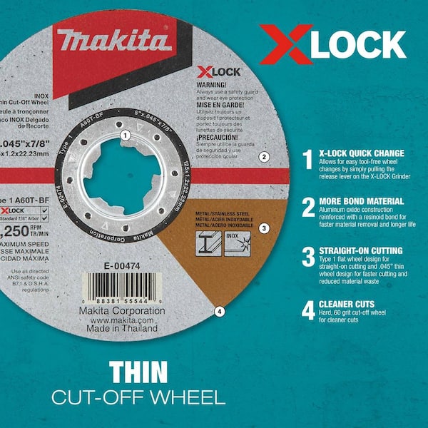 Makita X-LOCK 5 in. x 0.045 in. x 7/8 in. 60-Grit General Purpose Thin Cut‑Off Wheel for Metal and Stainless Steel Cutting - image 5