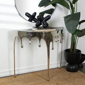 32.25 in. Silver Medium Half-Moon Glass Aluminum Drip Console Table with Melting Designed Legs and Shaded Glass Top