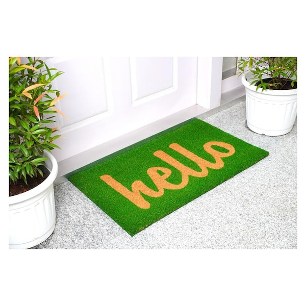 Hello Green/Natural Script 17 in. x 29 in. Door Mat