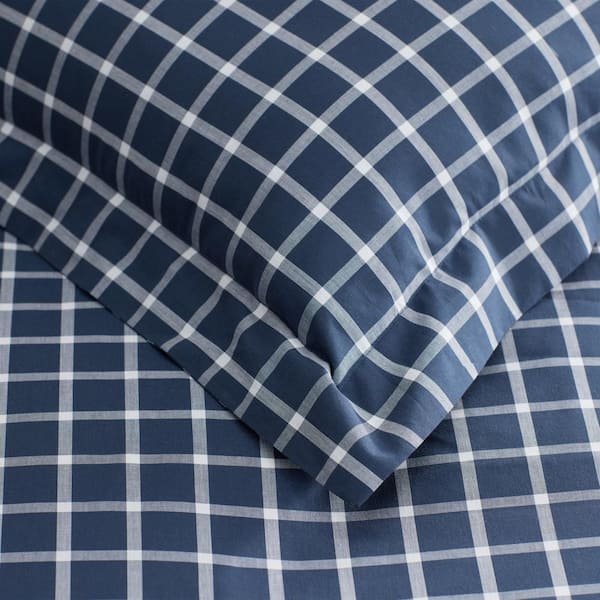 Company Cotton Windowpane Yard-Dyed White/Navy Cotton Percale King Sham