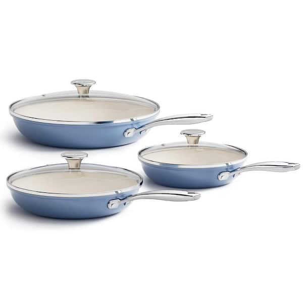Ceramic Nonstick Frying Pan Set 8 in 9.5 in 11 in with Tempered Glass Lids Induction Safe Blue 3-Pack