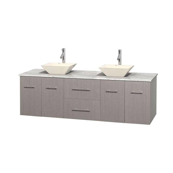 Wyndham Collection Centra 72 in. Double Vanity in Gray Oak with Marble Vanity Top in Carrara White and Bone Porcelain Sinks