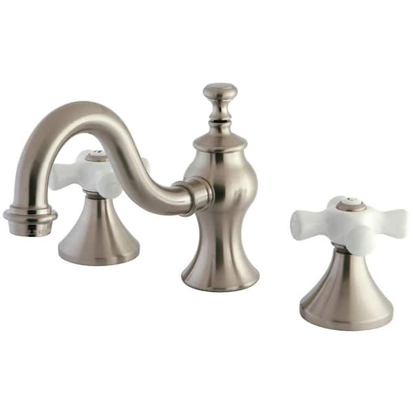 Kingston Brass Porcelain Cross 8 in. Widespread 2-Handle High-Arc Bathroom Faucet in Brushed Nickel