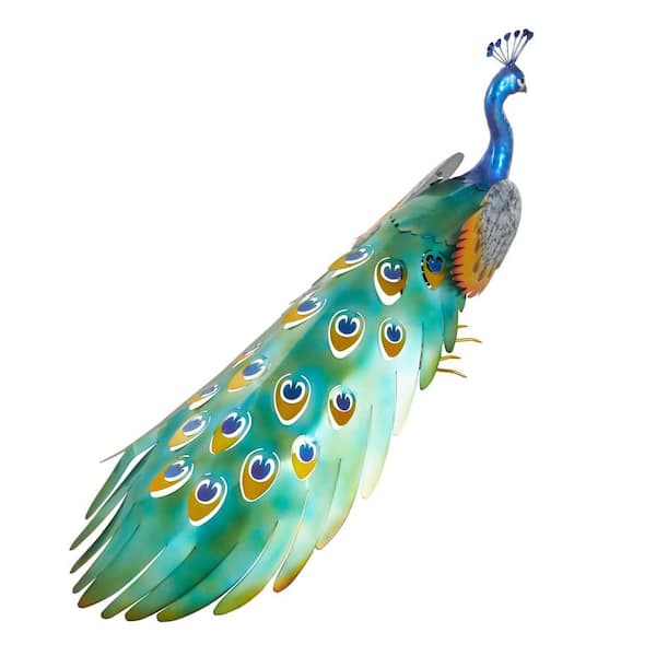 22 in. Metal Peacock Garden Sculpture with Gold Legs and Teal Wings