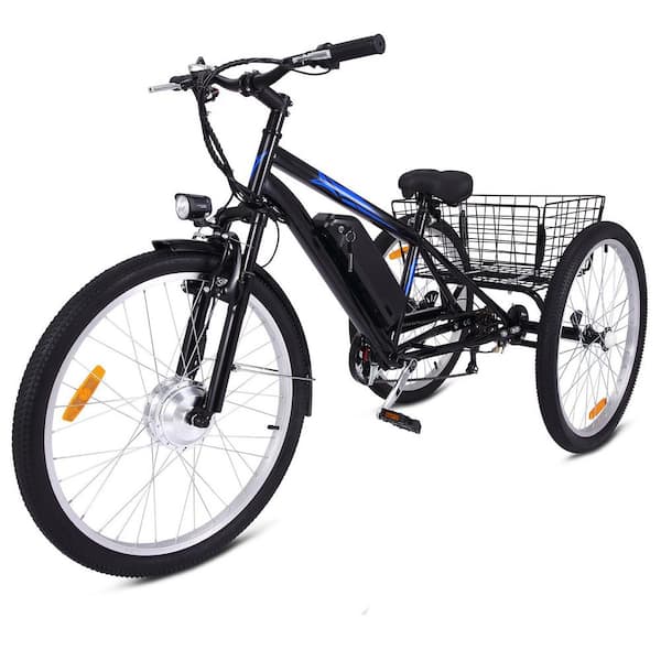 26 in. Fat Tires Black and Blue 7 Speeds Electric Bicycle with 3 Wheel, Powerful 350W Motor, Removable 36V 10Ah Battery