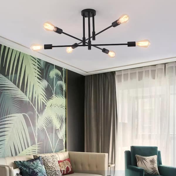 LWYTJO 27.56 in. 6-Light Black Dimmable Sputnik Chandelier Modern Linear Semi Flush Mount Ceiling Light for Office Living Room