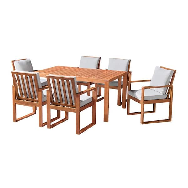 Alaterre Furniture Weston 7-Piece Eucalyptus Wood Square Outdoor Dining Patio Table Set with 6 Dining Chairs with Gray Cushions