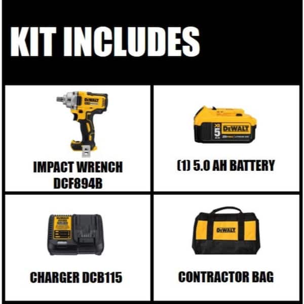 DEWALT - 20V MAX XR Cordless Brushless 1/2 in. Mid-Range Impact Wrench Detent Pin Anvil, (1) 20V 5.0Ah Battery, and Charger