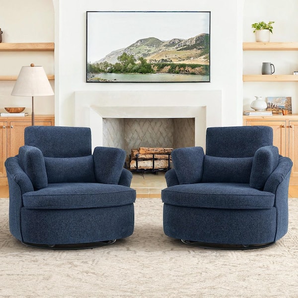 Cirys Blue Chenille Upholstered 360° Swivel Barrel Chair with 3 Removable Pillows Swivel Accent Chair Set of 2