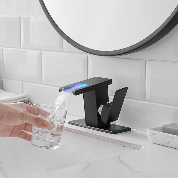 Single-Handle Single Hole Bathroom Faucet Waterfall Glass Spout Hot Cold LED 3 Colors Change in Black