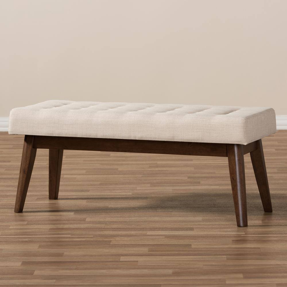 Elia 43'' Light Beige Button-Tufted Bench in Walnut Wood