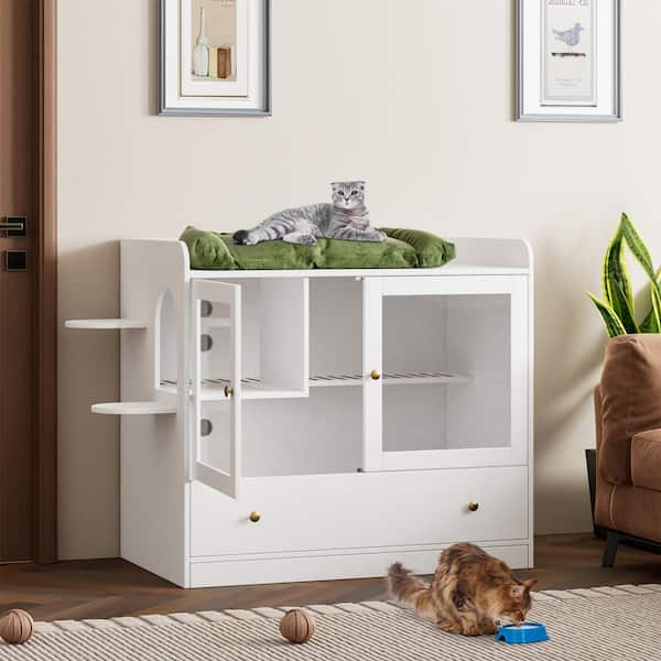 FUFU&GAGA Extra Large Cat Litter Box Furniture Hidden, Cat Condo Pet House with Stairs, Cat Litter House for Living Room, White