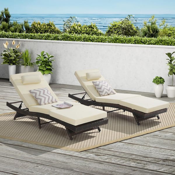 Cesicia (Set of 2) Brown Rattan Wicker Outdoor Chaise Lounge with Beige Cushions