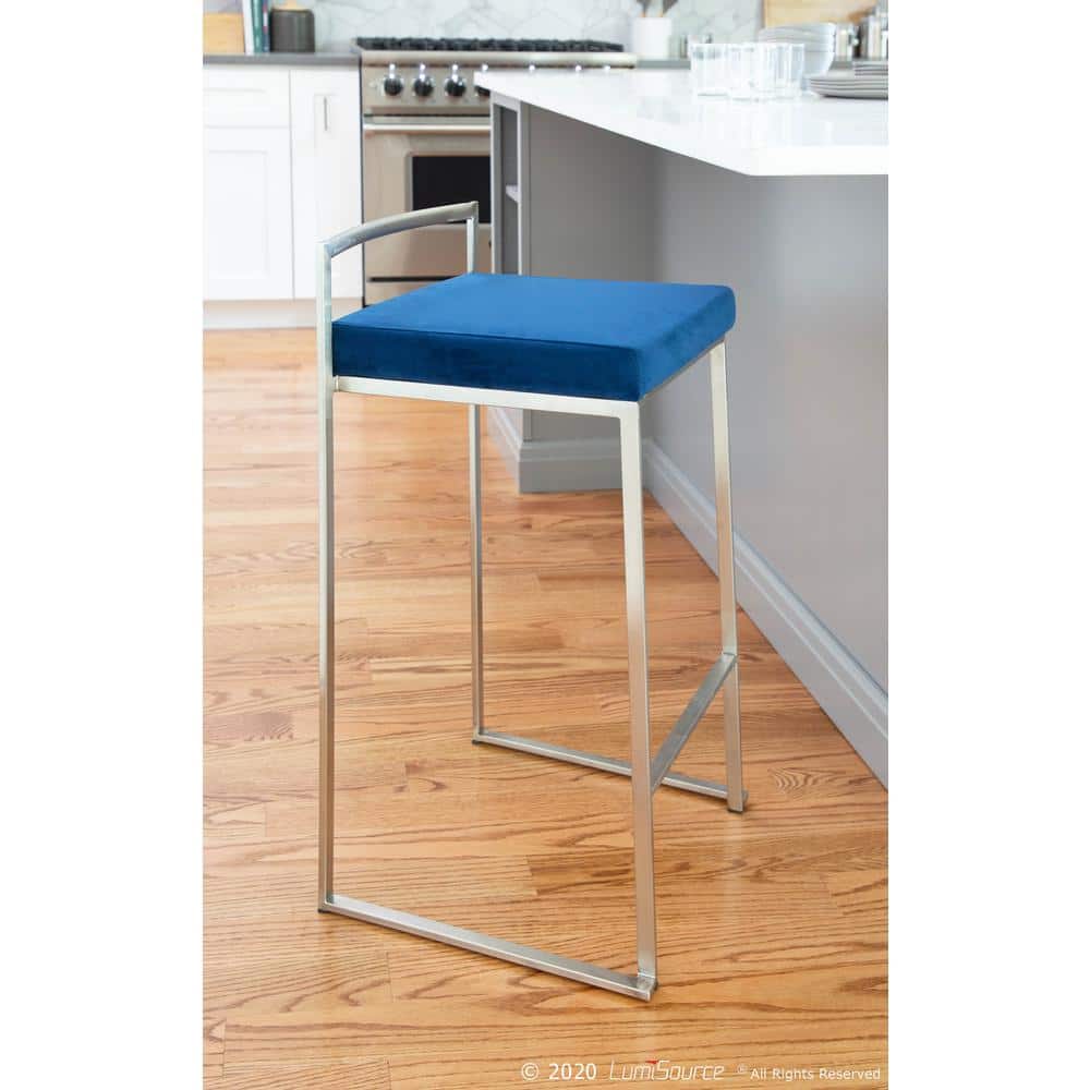 Sleek Stainless Steel Counter Stool with Blue Velvet Cushion - Set of 2