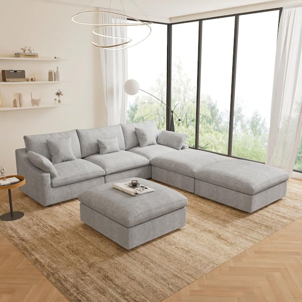 119 in. W Square Arm Linen Upholstered Rectangle 3-Seater Sectional Sofa with 3-Ottoman in Gray