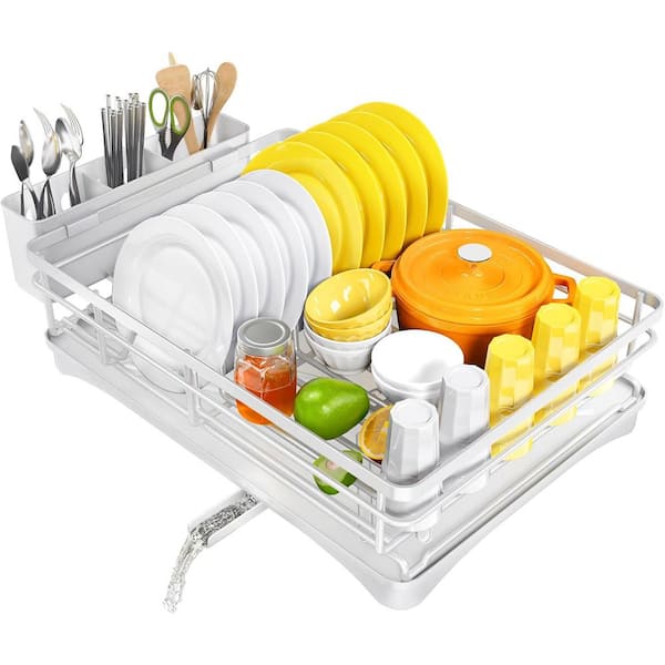 Kitchen Countertop Drying Dish Rack with Drainboard & Utensil Holder in White