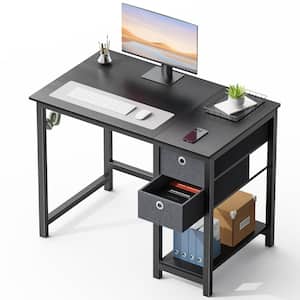 40 in. Rectangular Black Wood Computer Desk with 2-Tier Drawers Storage Shelf and Side Headphone Hook for Small Spaces